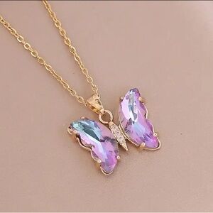 Gold Purple Pink Crystal Butterfly Titanium Necklace